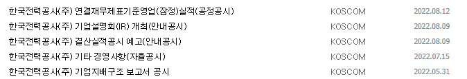 한국전력 공시 목록