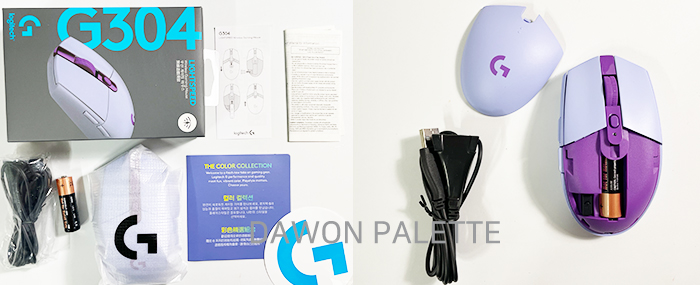 G304-로지텍-마우스-정품-구성품으로-마우스와-설명서-USB-케이블등을-촬영한-사진