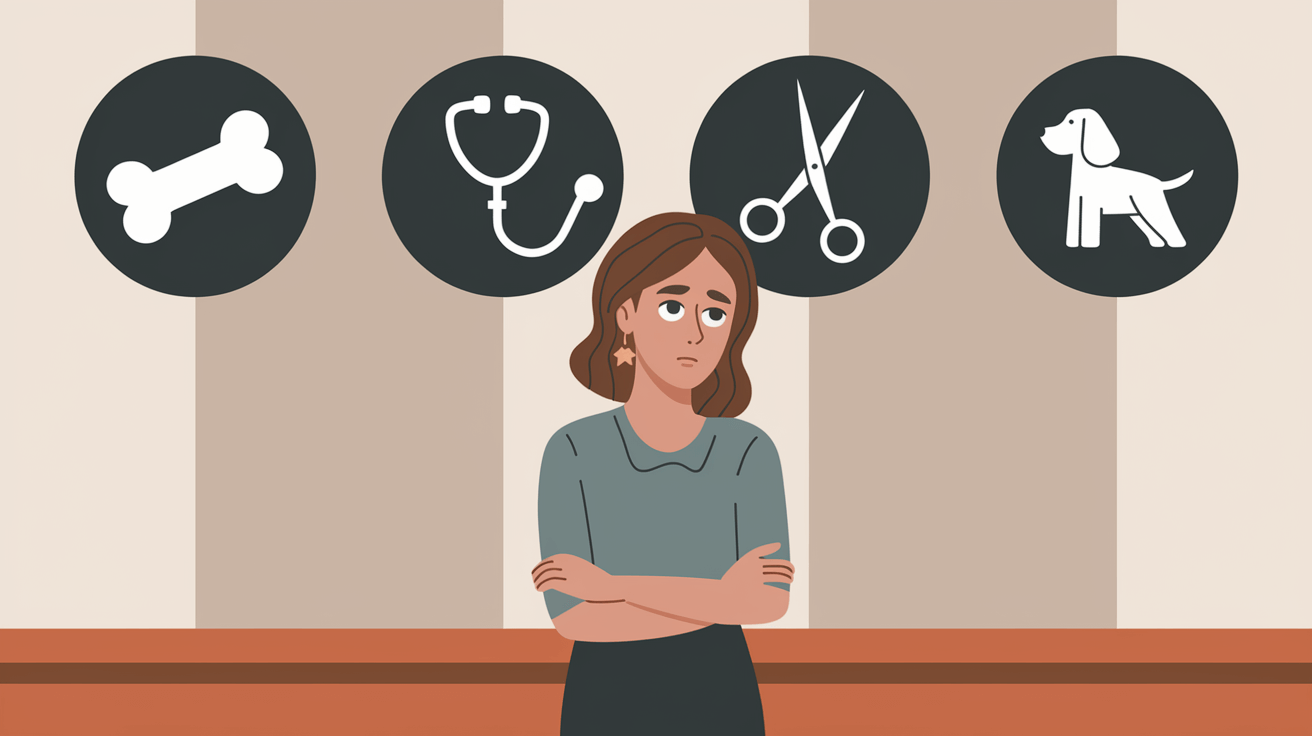 four categories of dog expenses displayed as icons with a worried pet owner