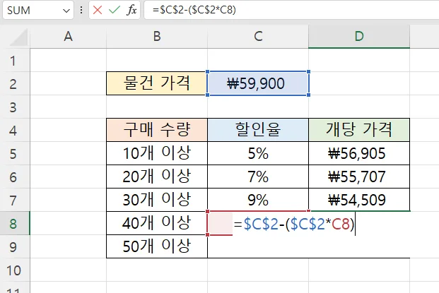 엑셀에서 절대 참조 수식을 확인하는 모습