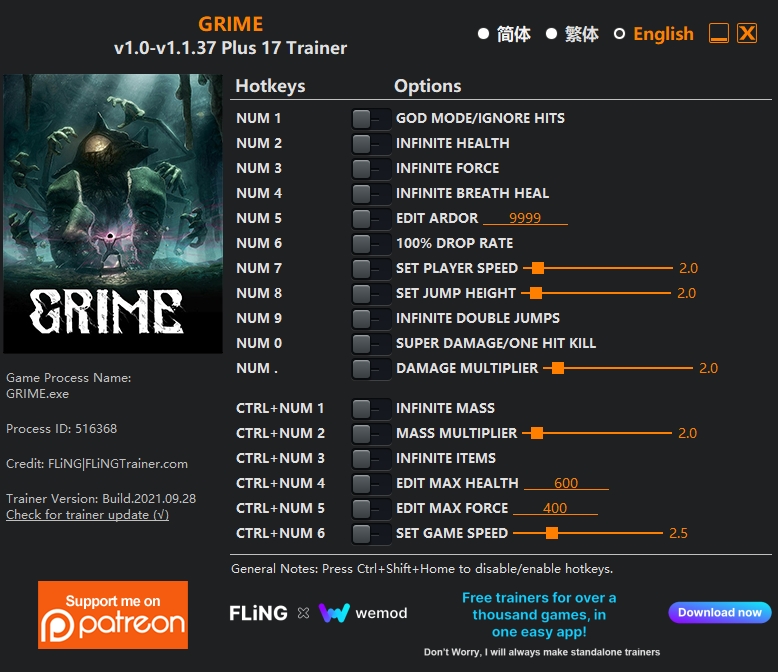  [트레이너] 한글판 그라임 최신 영문판 GRIME v1.0-v1.1.37 Plus 17 Trainer
