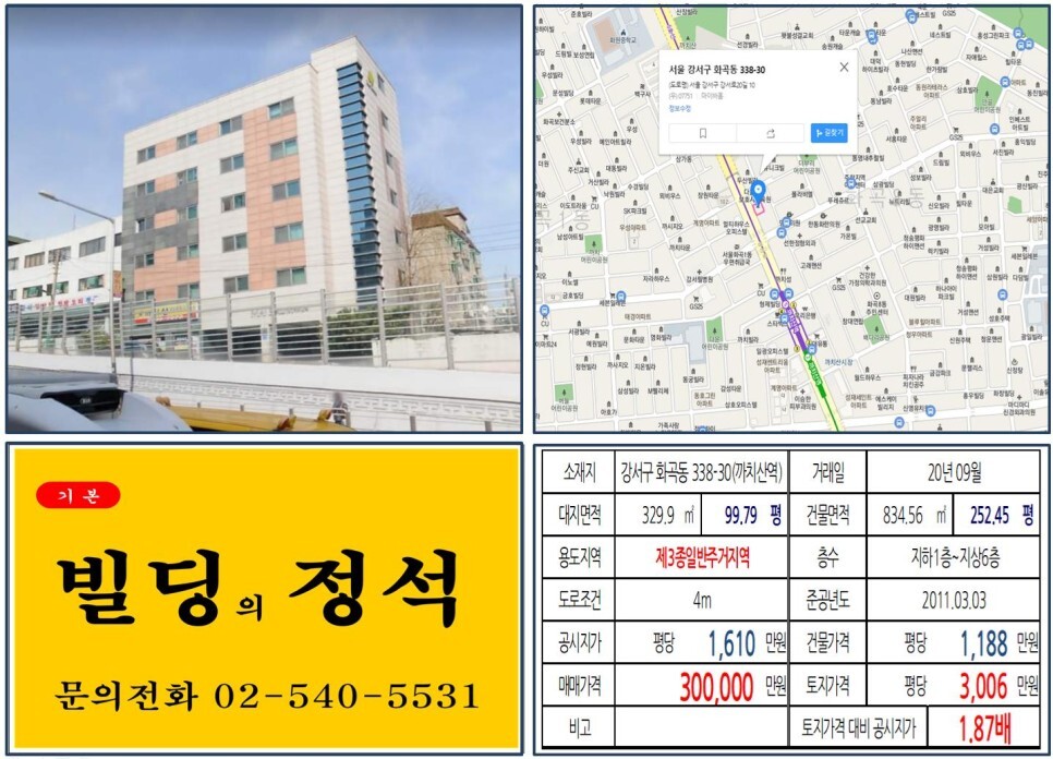  [강서구 수익용 30억 꼬마빌딩 실거래가 조회] 화곡동 338-30 (까치산역) 30억 원, 평당 3,006만 원 매매되었습니다. 서부광역철도,