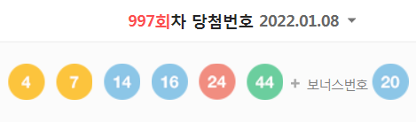  997회차 로또 당첨번호 (1등 당첨자는 19명으로 당첨금은 12억 5374만 원)