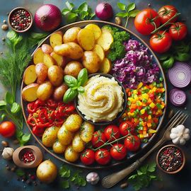 통감자 구이, 찐 감자가 토마토와 샐러드 등과 같이 큰 접시에 함께 올려져 있다.