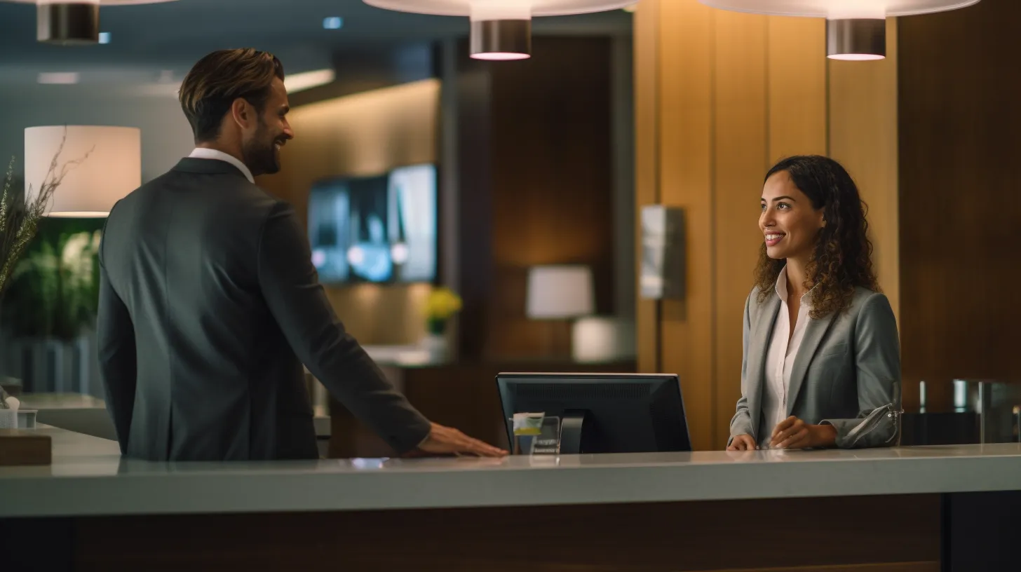 A man checking out at the front desk of the hotel.