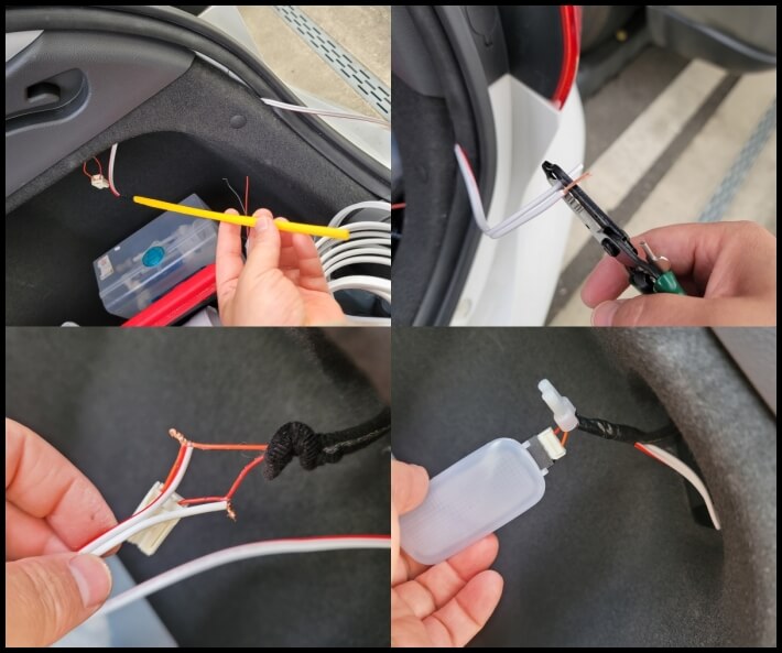 전선을 연결한 빨대를 당겨서 기존 트렁크등의 전선에 연결한 사진입니다.