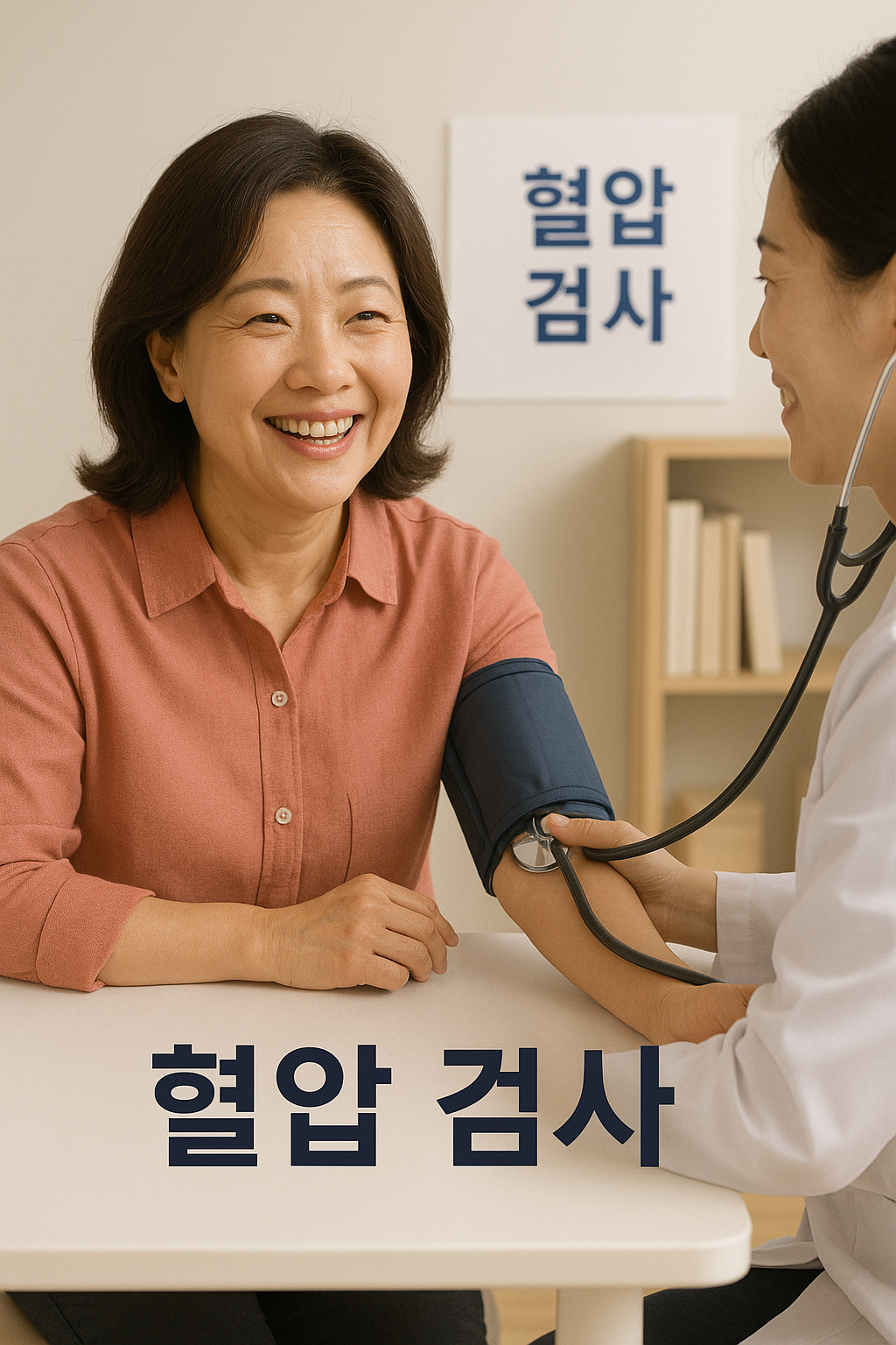 보건소에서 혈압 검사를 받는 중년 여성의 밝은 모습