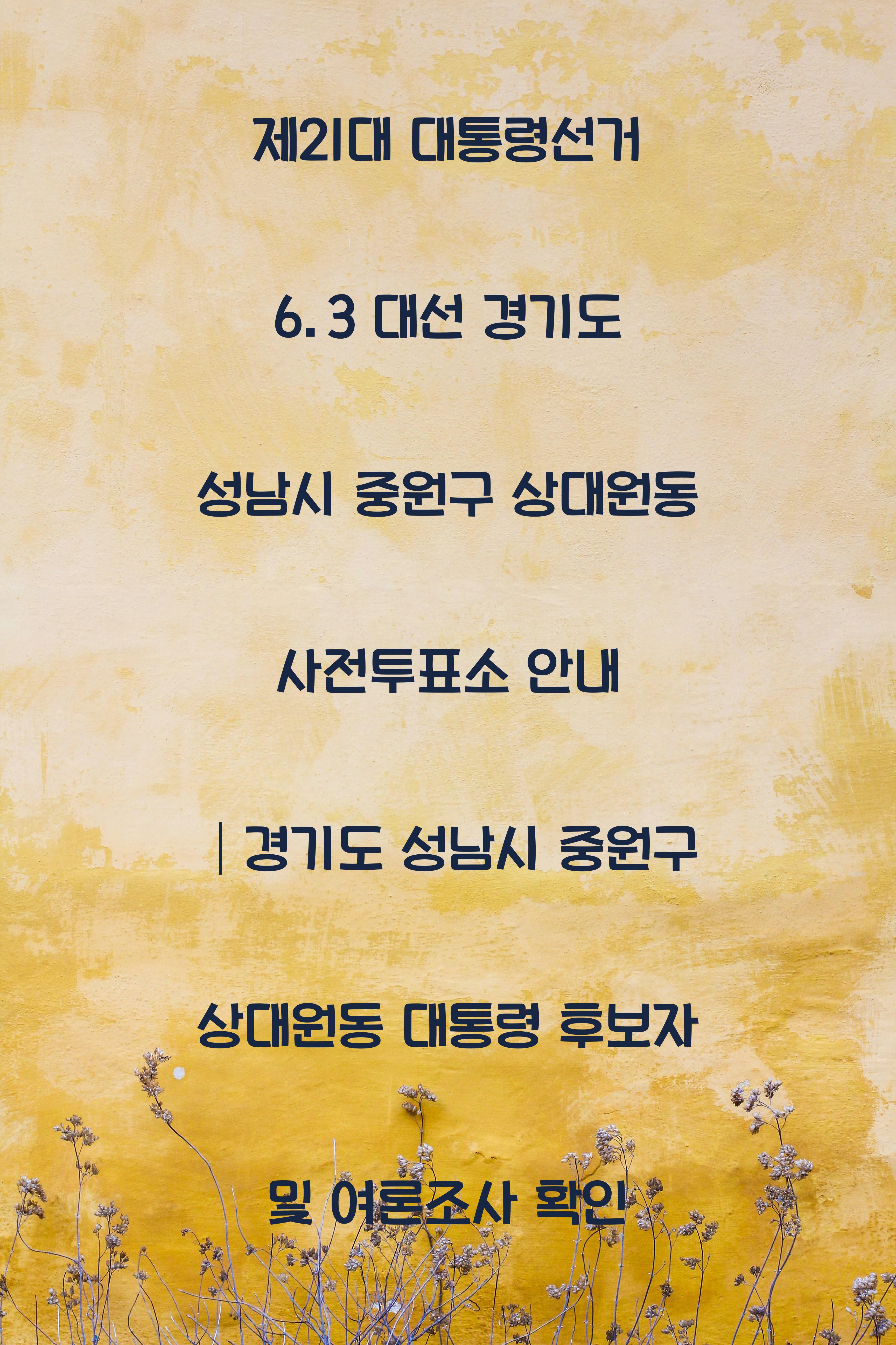 제21대 대통령선거 6.3 대선 경기도 성남시 중원구 상대원동 사전투표소 안내 │경기도 성남시 중원구 상대원동 대통령 후보자 및 여론조사 확인