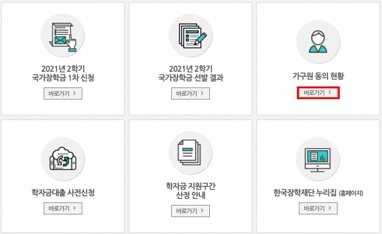 한국 장학재단 메인페이지의 가구원 정보제공 현황 아이콘