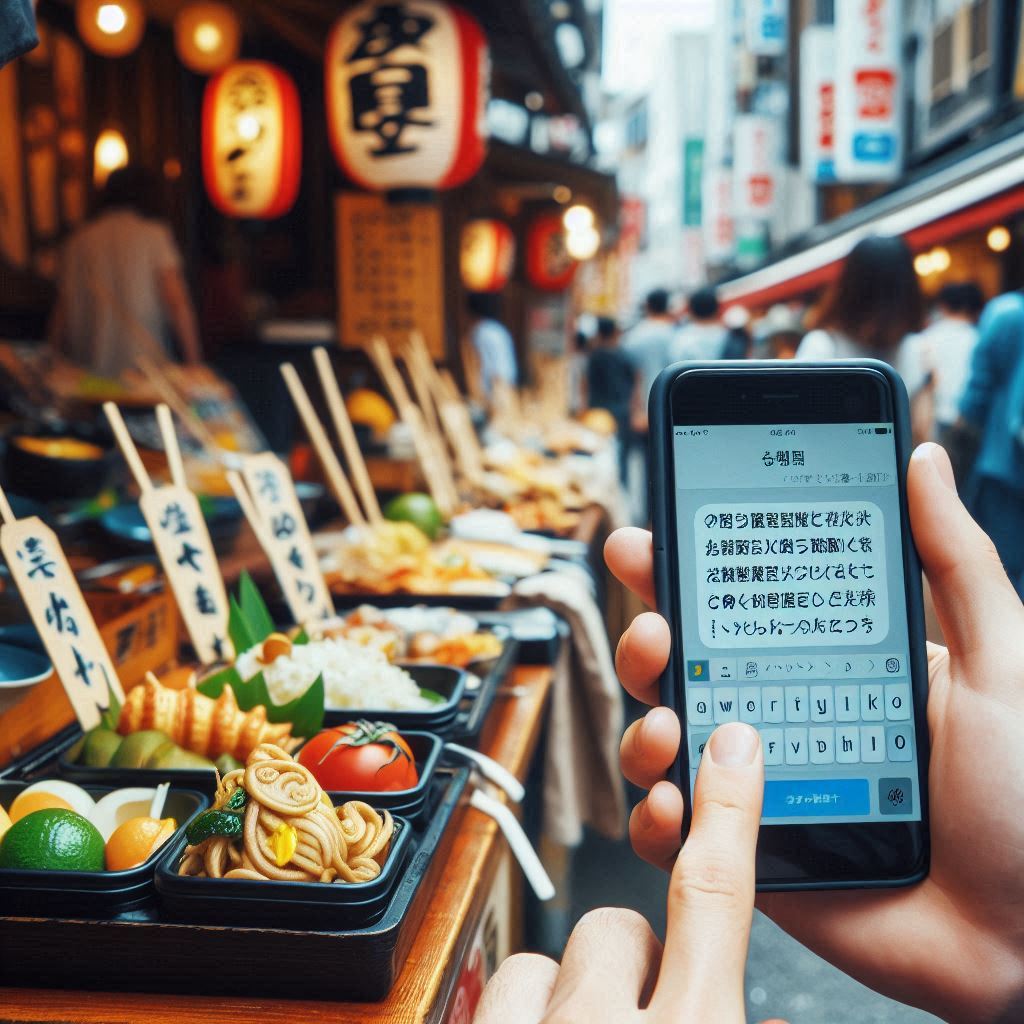 A traveler using a translation app to ask about food allergens in Japan