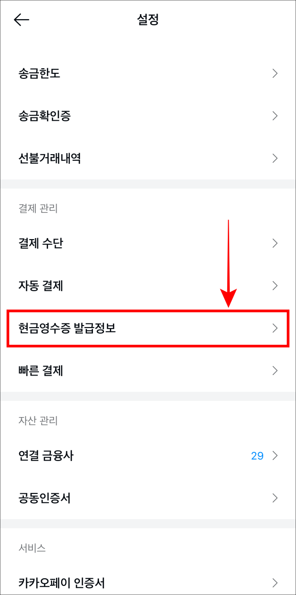 카카오페이의 설정에서 현금영수증 발급정보를 선택