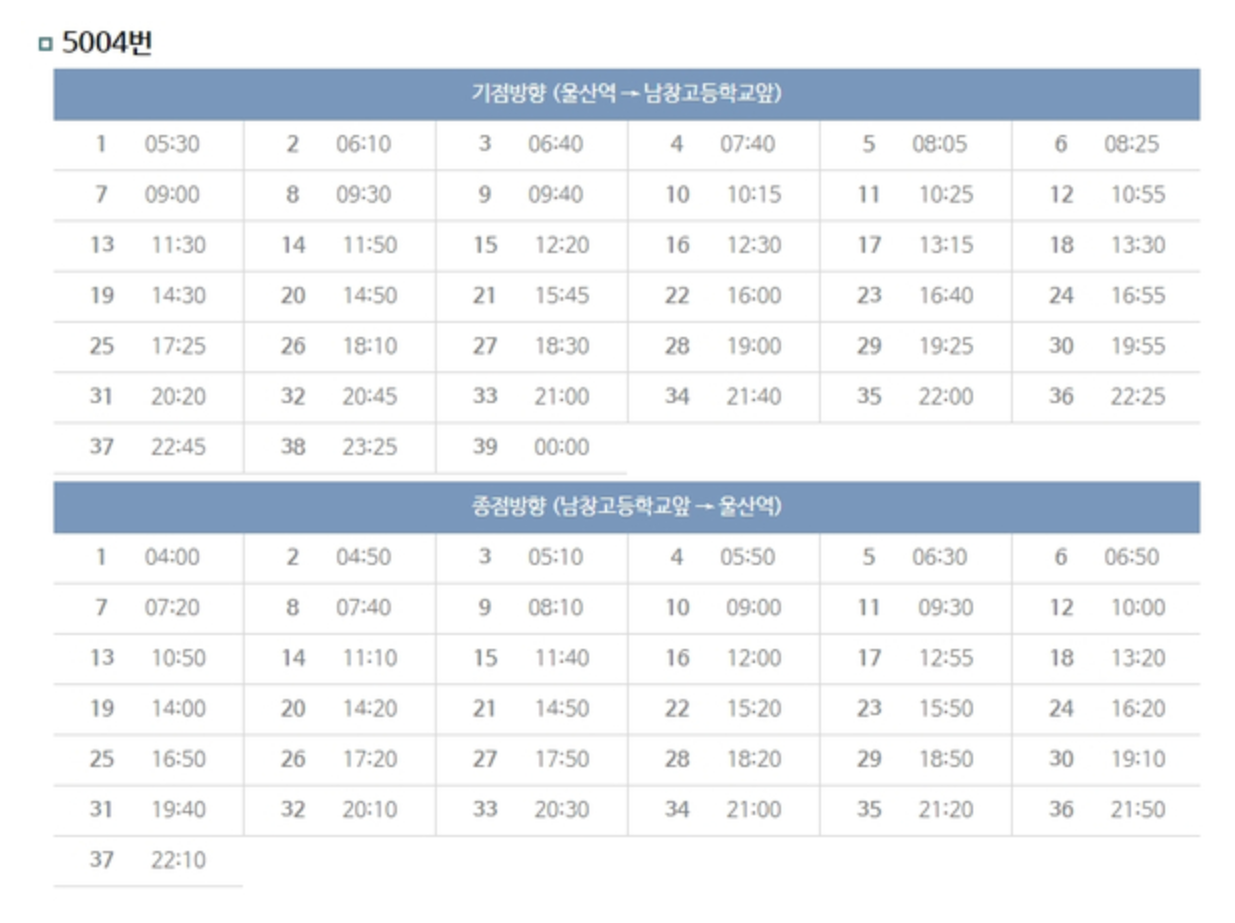 울산 ktx 리무진 버스 시간표 및 노선도 입니다