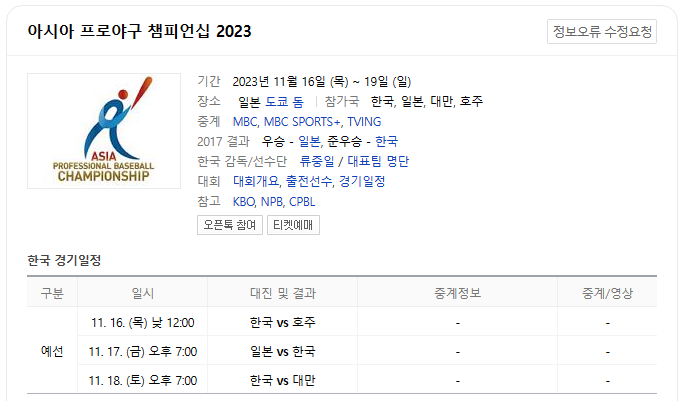 2023 아시아 프로야구 챔피언십(APBC) 일정