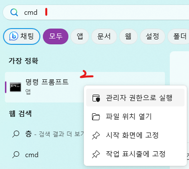 관리자 권한으로 명령프롬프트 실행