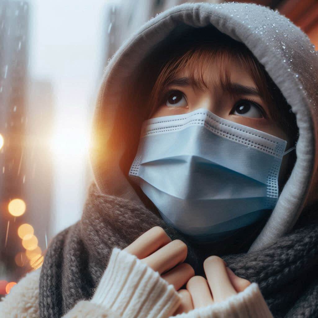 a person wearing a mask and looking at the sky with a worried expression