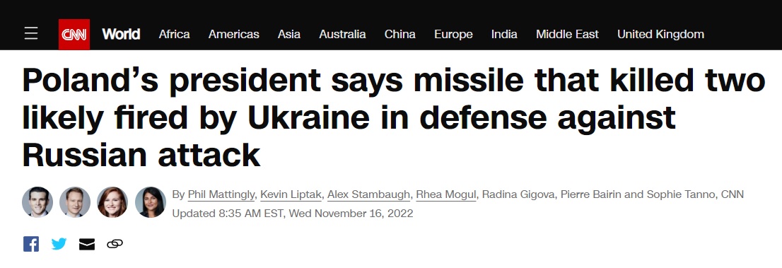 폴란드로 발사된 미사일은 우크라이나에서 발사한 듯함