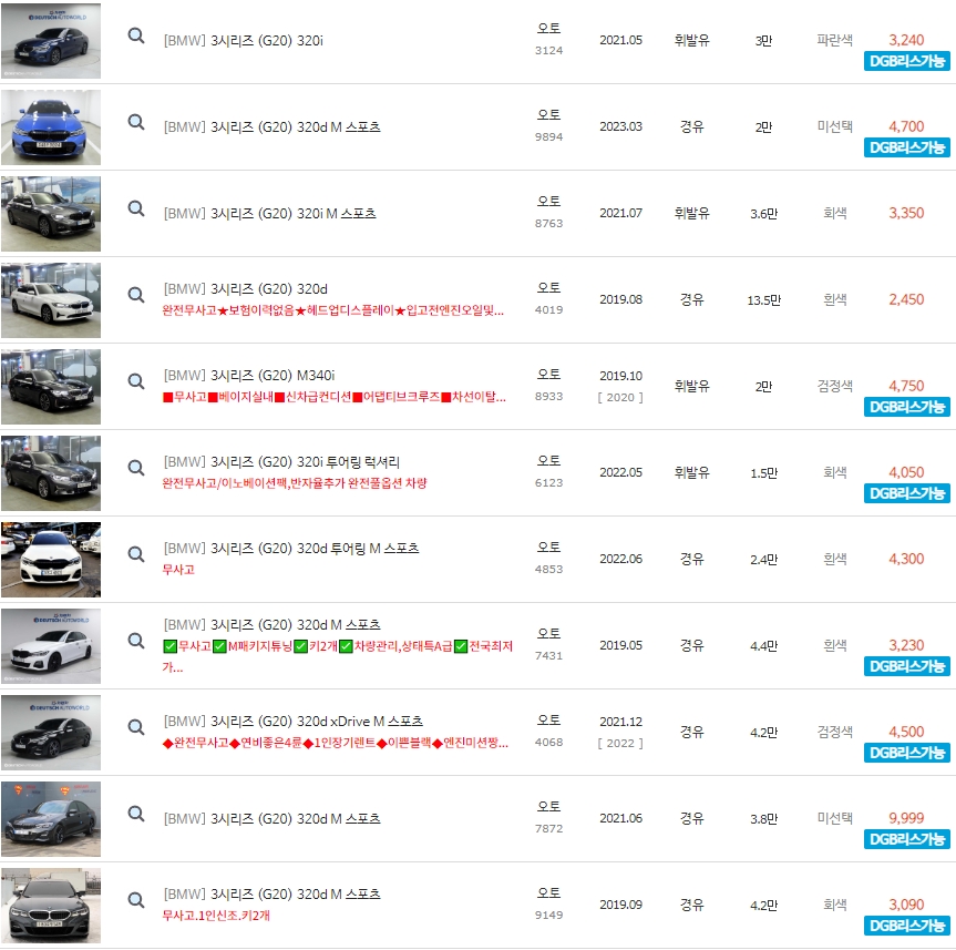 BMW 3시리즈 G20 중고차 가격은 최저가 1&#44;399만원 부터 ~ 최고가 6&#44;950만원
