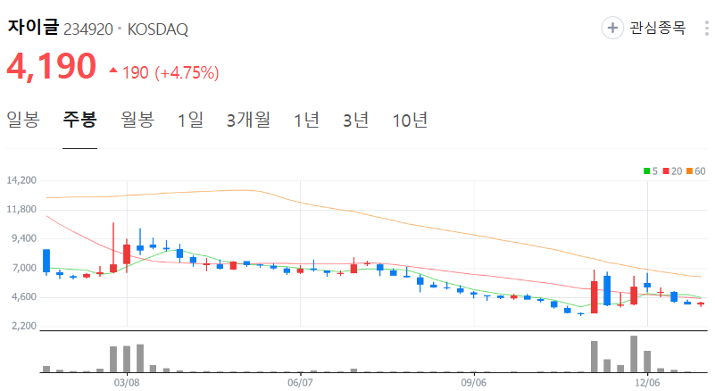 자이글-주가-주봉