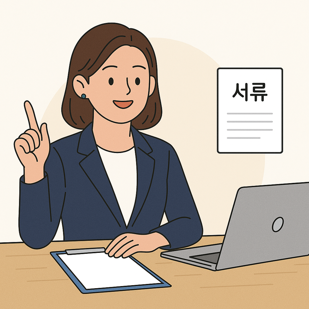 서류 제출을 설명하는 여성. 책상 위에 클립보드와 노트북이 놓여 있고, '서류'라는 말풍선이 배경에 보인다.