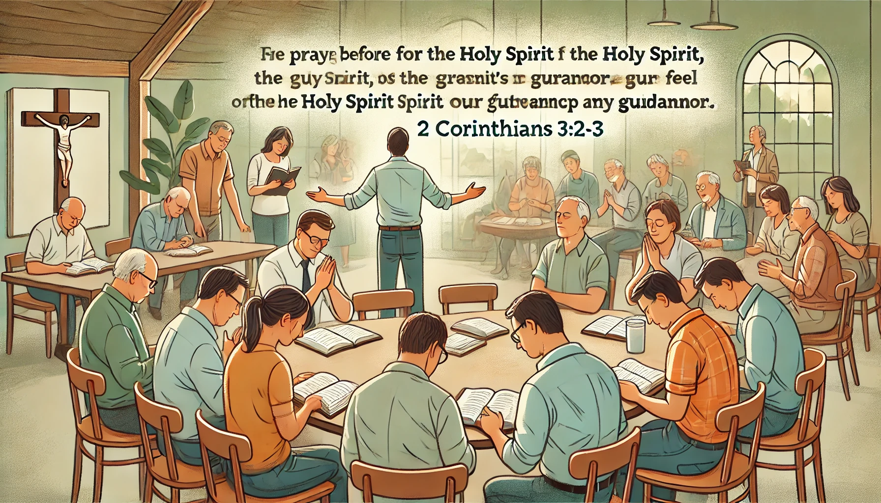 Here is the illustration showing a group of people gathering for a Bible study&amp;#44; praying earnestly for the Holy Spirit&amp;#39;s presence and guidance&amp;#44; inspired by 2 Corinthians 3:2-3. The scene includes individuals praying before the meeting&amp;#44; seeking the Holy Spirit&amp;#39;s presence and trusting in Him as their guarantor. During the Bible study&amp;#44; they feel the presence of the Holy Spirit among them&amp;#44; fostering fellowship and guidance. The environment features a peaceful meeting space&amp;#44; with people holding Bibles and engaging in heartfelt discussions&amp;#44; reflecting their reliance on the living Spirit of God for their gathering and fellowship.