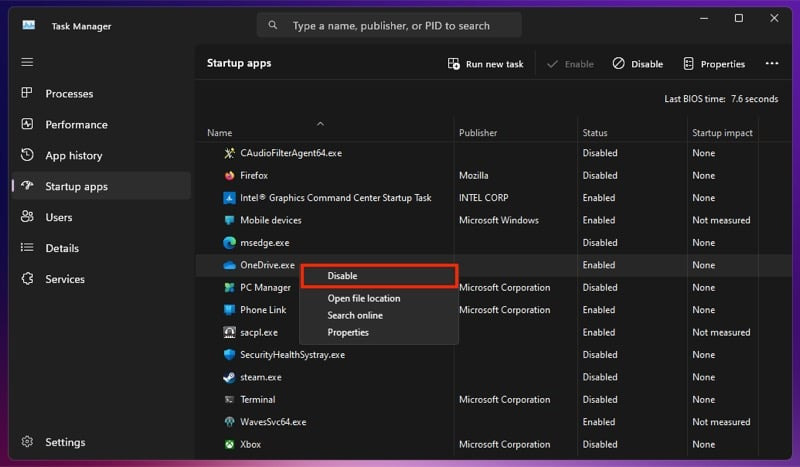 윈도우 태스크 매니저의 시작 앱 설정 비활성화