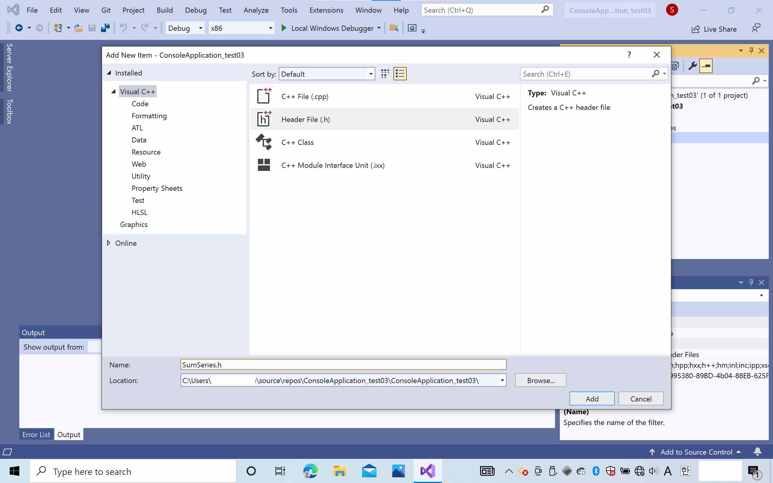 screenshot of Visual Studio 2019, showing options to add new header file to the project