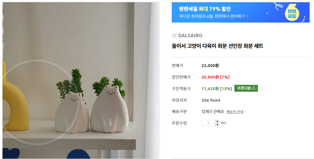 텐바이텐 둘이서 고양이 다육이 화분