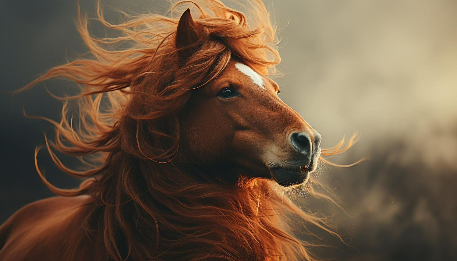 붉은색 털의 말이 말 갈귀를 펄럭이고 있다.