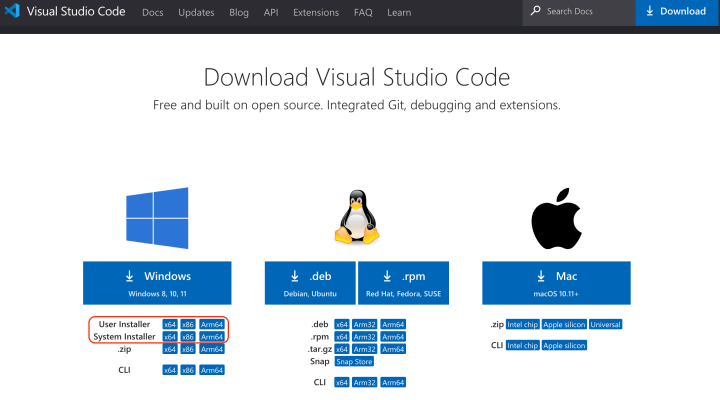 vscode 운영체제별 다운로드 링크 페이지