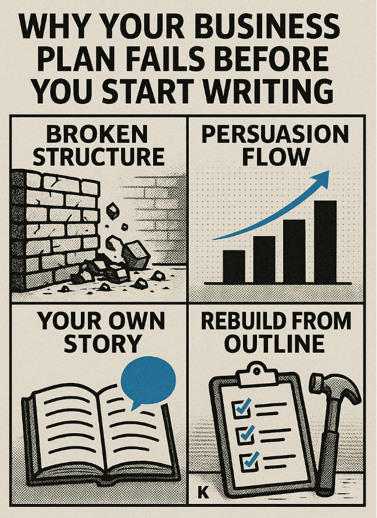 오른쪽 위는 상승 그래프(Persuasion Flow), 왼쪽 아래는 열린 책과 말풍선(Your Own Story), 오른쪽 아래는 체크리스트와 망치(Rebuild from Outline). 블루 포인트 컬러로 핵심 강조.