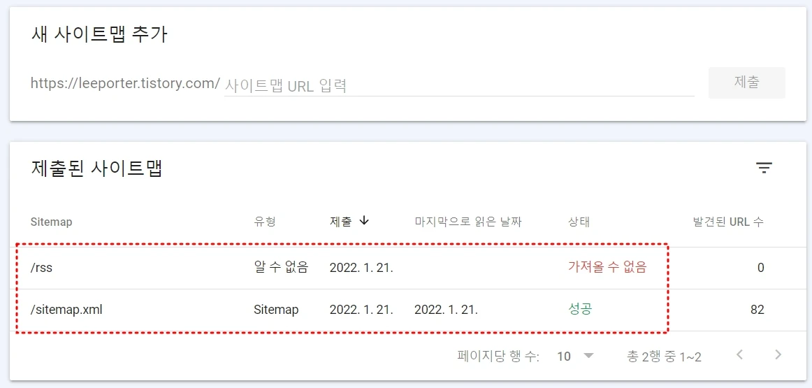 처음 사이트맵 등록 시 상태가 가져올 수 없음이 뜰 수 있따. 시간이 지나면 성공으로 바뀐다.
