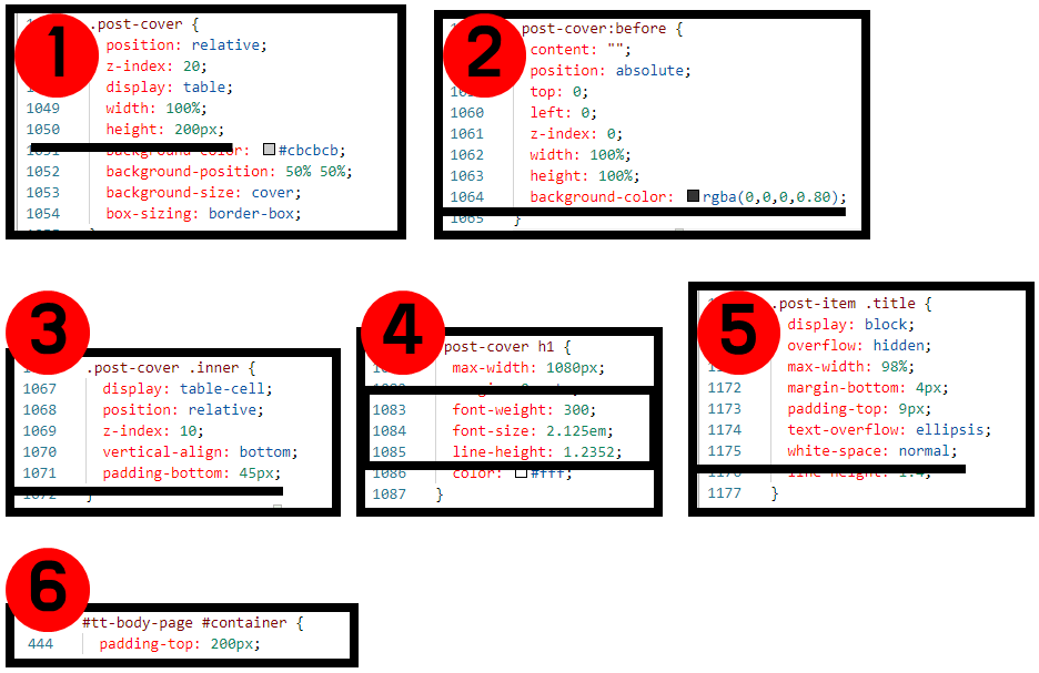 수정해야할 CSS코드를 본문 내용의 1번부터 6번까지의 순서대로 화면을 캡쳐한 이미지로 본문 내용에서 몇번째 줄에 해당 코드가 위치해 있는지 설명 하고 있기 때문에 이미지는 시각적 참고용이고, 본문 내용에서 모두 확인할 수 있습니다.