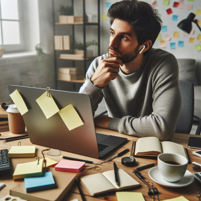 손을 턱에 괴고 생각에 잠긴 남성, 포스트잇이 붙은 벽이 보임