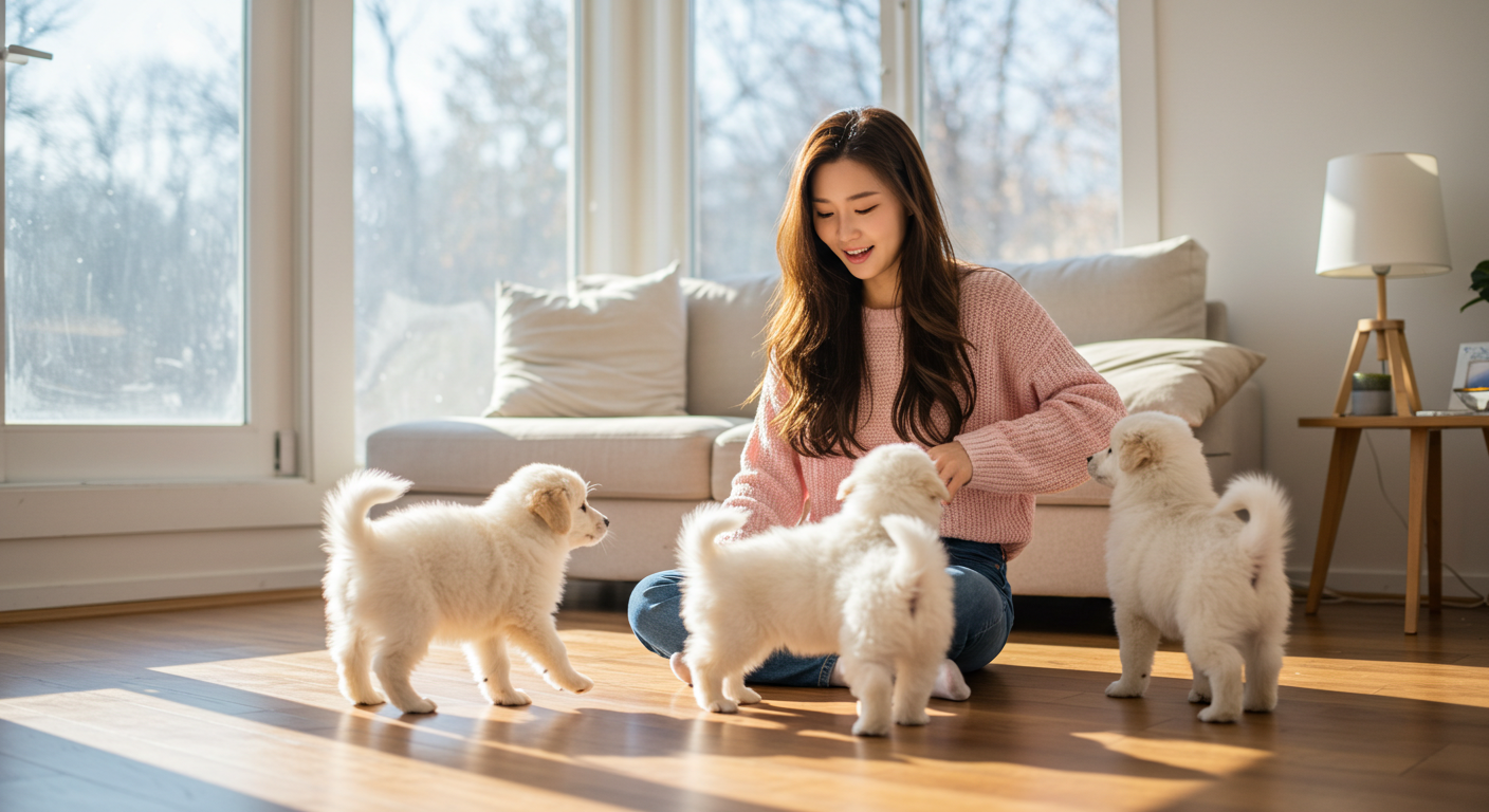 강아지를 돌보는 사람