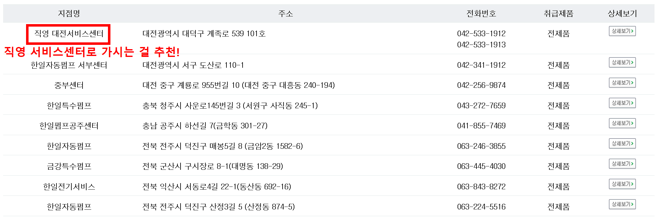 한일전기 홈페이지 AS센터 찾기