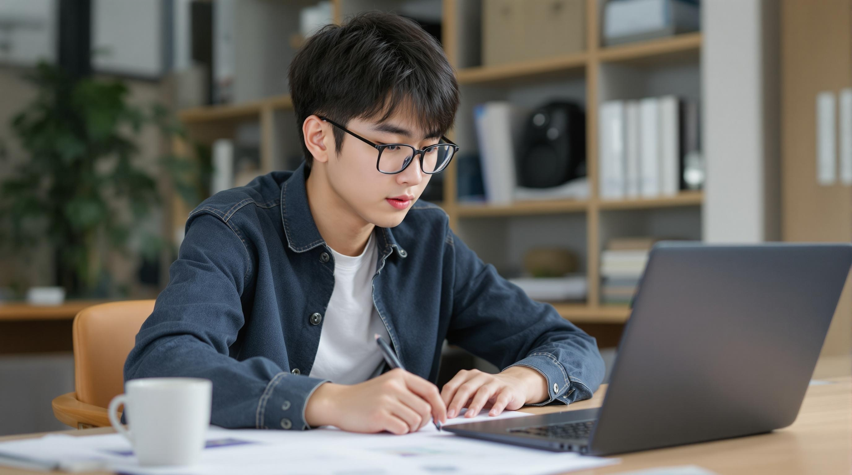 젊은 한국 대학생이 노트북 앞에서 대출 서류를 검토하는 모습