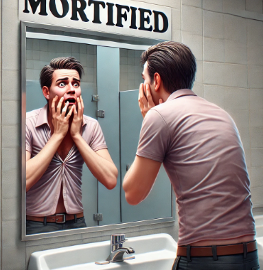 셔츠를 잘못입은 걸 확인하고 창피함을 느끼는 남자 / mortified
