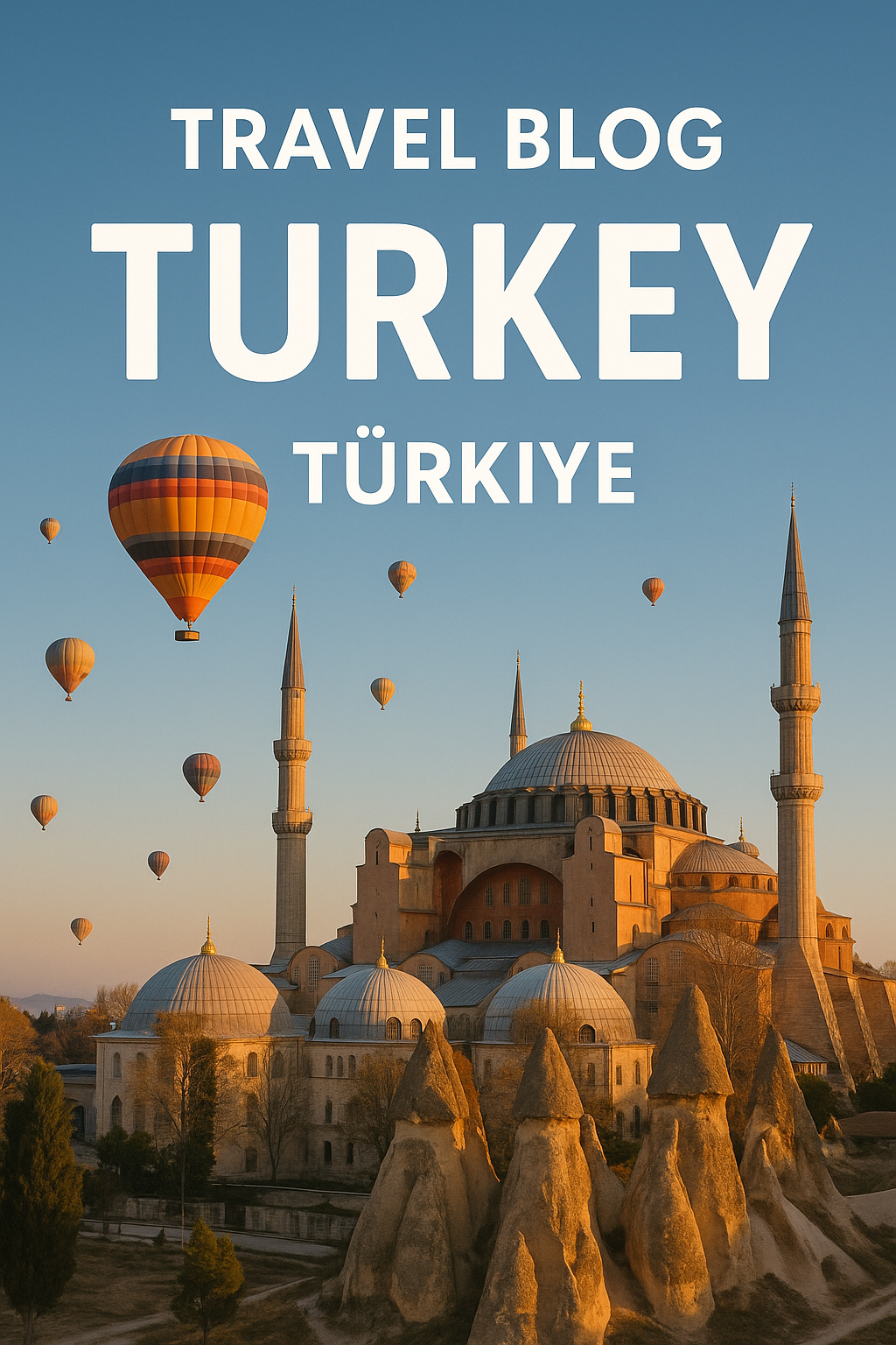 이 이미지는 터키(Turkey)-튀르키예(Türkiye)의 상징적인 명소인 카파도키아(Cappadocia)의 기암과 열기구, 그리고 이스탄불(Istanbul)의 아야 소피아(Hagia Sophia)를 황금빛 석양 아래 아름답게 담아낸 여행 블로그 대표 이미지입니다.