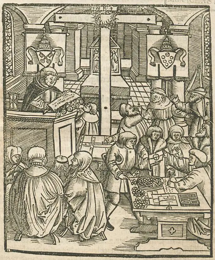 교회 안에서 면죄부를 파는 모습 1521년 (출처 : 위키백과)