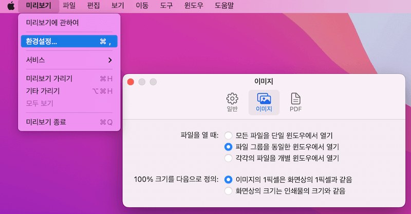 미리보기앱 메뉴 - 환경설정 - 이미지탭에 파일을 열 때 파일 그룹을 동일한 윈도우에서 열기 선택