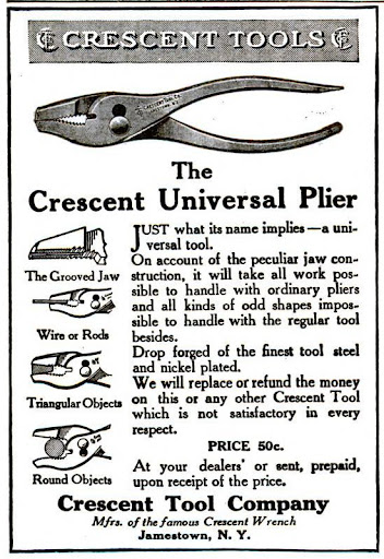 1900년대 초 ‘Crescent Tool Company’가 잡지에 실은 빈티지 광고. 상단에는 브랜드 로고와 함께 니켈 도금 드롭포지드 플라이어 사진이, 하단에는 “Crescent Universal Plier—50¢”라는 문구와 원형·삼각형·철선까지 잡아낸다는 만능 기능, 불만족 시 환불 보장 등을 강조한 설명이 빼곡히 담겨 있다.