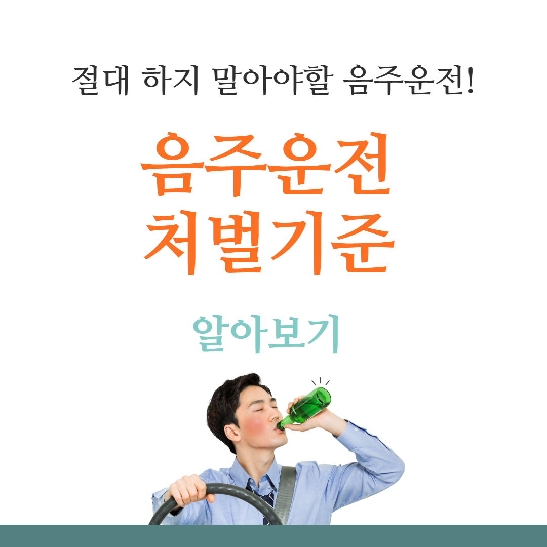 절대 하지 말아야할 음주운전 처벌기준 알아보기 포스터(술병을 들고 운전하는 남성의 모습도 있음)