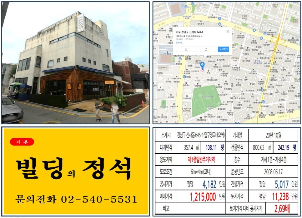 [강남구 압구정로데오 100억 꼬마빌딩 실거래가 조회] 신사동 645-1 (압구정로데오역) 121억 5,000만 원, 평당 1억 1,238만 원