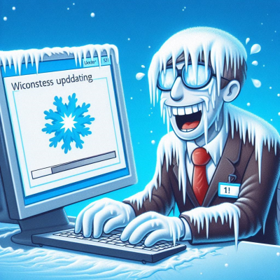 컴퓨터 앞에 앉은 얼어붙은 남성이 윈도우 업데이트를 기다리는 모습