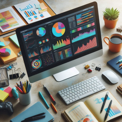 또 다른 모니터에서 데이터를 분석하는 장면, 여러 차트와 그래프가 표시됩니다.