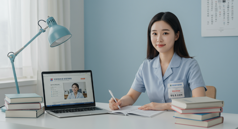 책상에 앉아 요양보호사 시험을 준비하는 젊은 여성, 한국보건의료인국가시험원 웹사이트가 보이는 노트북과 교재들이 놓여 있음.