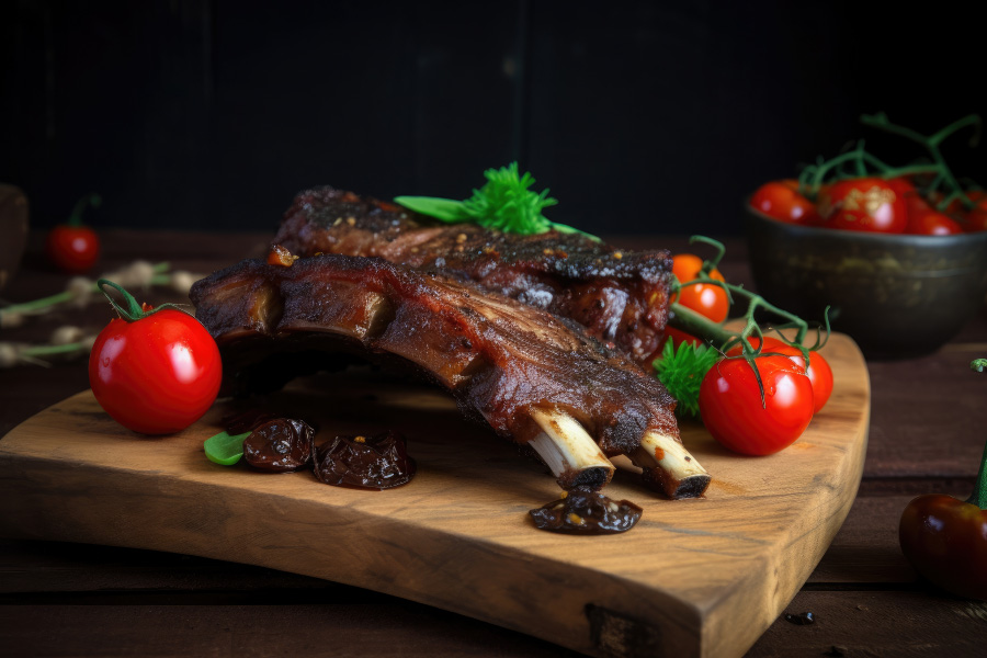 소갈비 구이(hot-grilled-spare-ribs-with-barbecue-sauce-cutting-board-black-background-ai-generative)