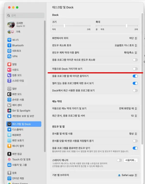 방법1&#44; 시스템설정에서 Dock 자동 가리기와 보기 설정