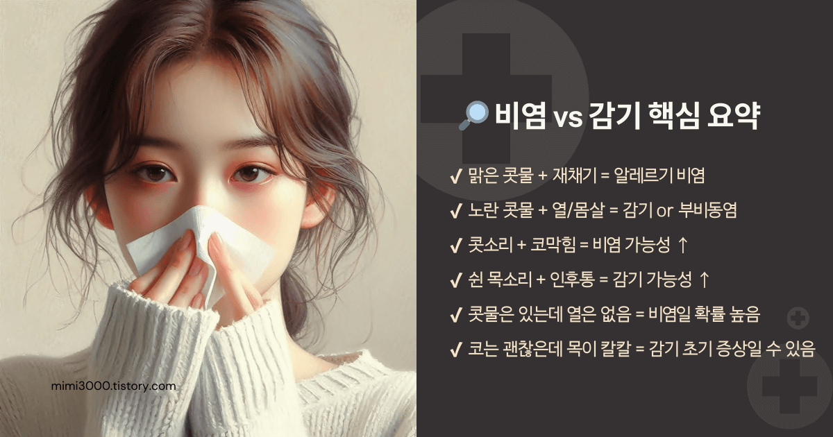감기와 비염의 증상 차이 요약한 인포그래픽