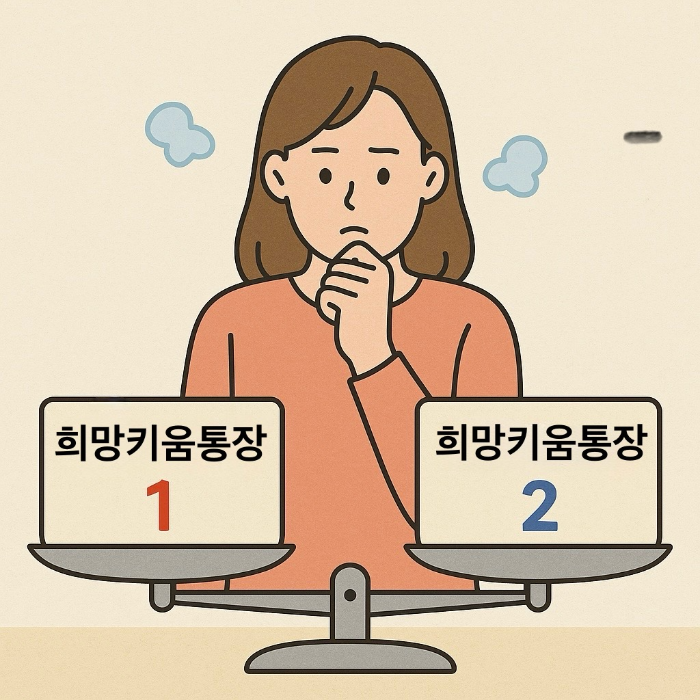 어떤 희망키움통장을 선택할 지 고민하는 여자 이미지